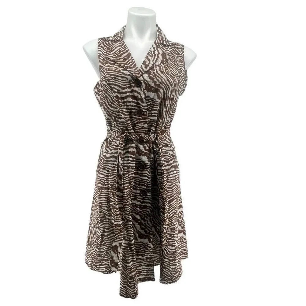 Mlle Gabrielle Sleeveless Cotton Belted Summer Dress M Animal Print Brown